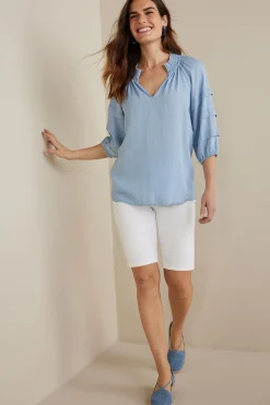 three quarter length|pullovers-Soft Surroundings Marisol TENCEL™ Top Light Chambray