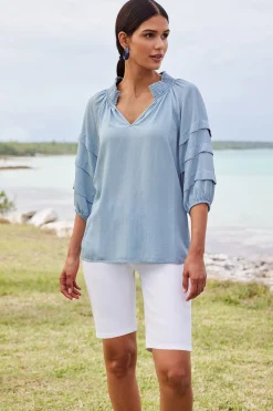 three quarter length|pullovers-Soft Surroundings Marisol TENCEL™ Top Light Chambray