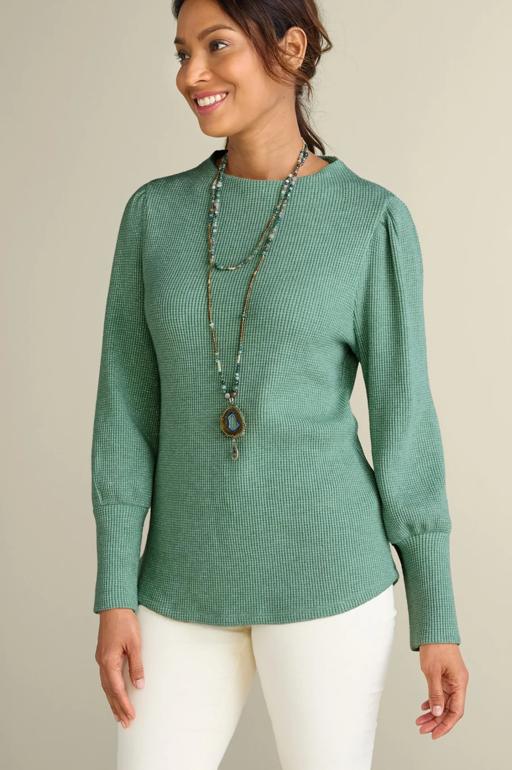 long sleeve|pullovers-Soft Surroundings Melina Waffle Pullover Heather Driftwood