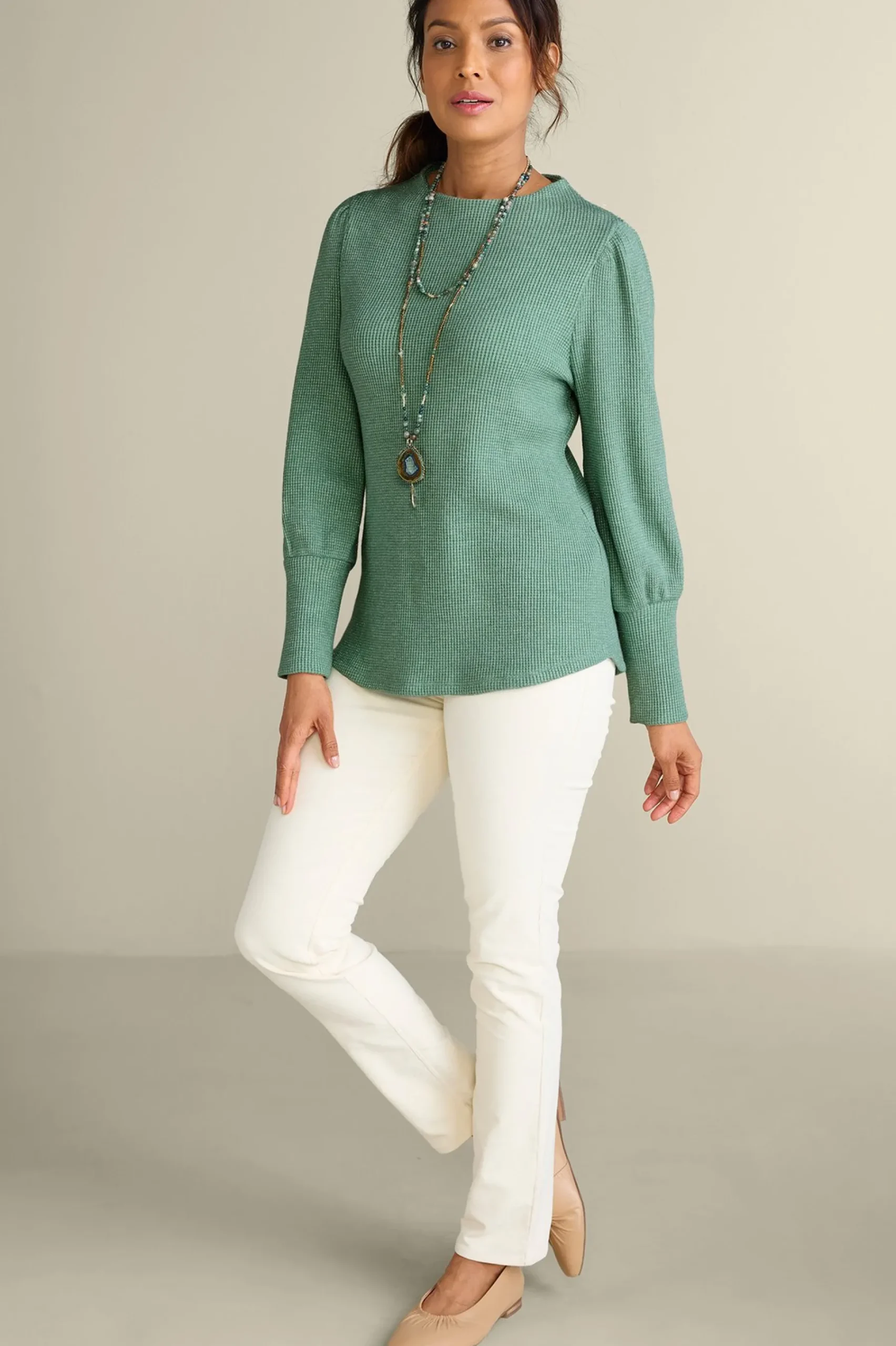 long sleeve|pullovers-Soft Surroundings Melina Waffle Pullover Heather Driftwood