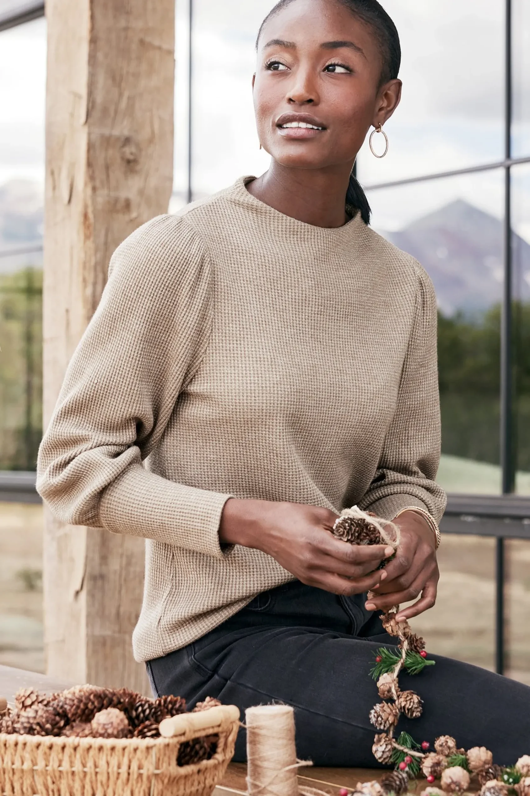long sleeve|pullovers-Soft Surroundings Melina Waffle Pullover Heather Driftwood