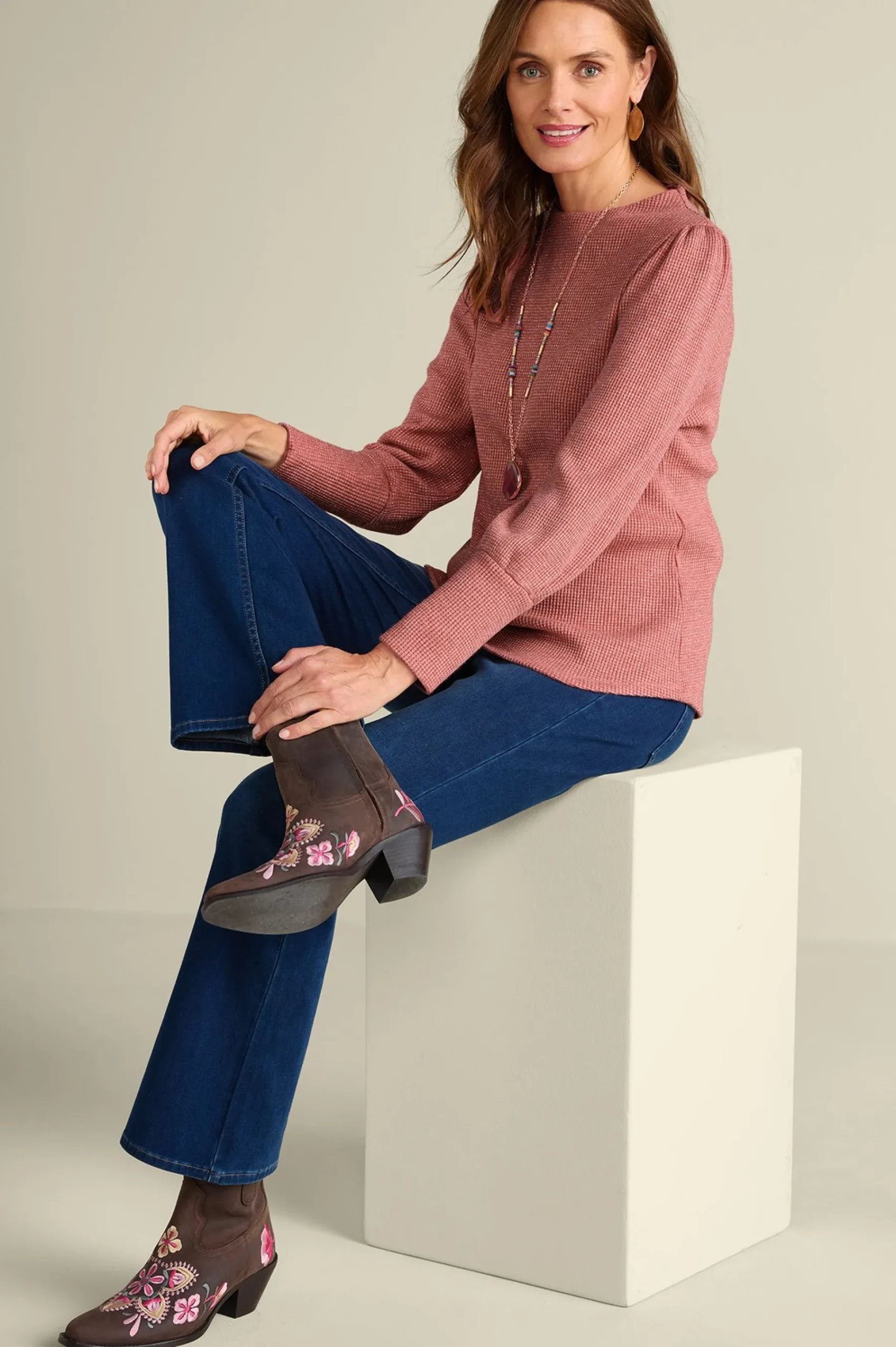 long sleeve|pullovers-Soft Surroundings Melina Waffle Pullover Heather Driftwood