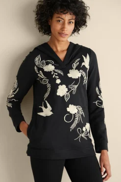 Wear Now Styles|long sleeve-Soft Surroundings Miraflores Embroidered French Terry Hoodie Black