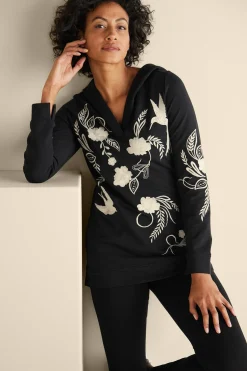 Wear Now Styles|long sleeve-Soft Surroundings Miraflores Embroidered French Terry Hoodie Black