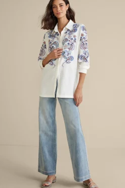 Feminine Flourish|Into The Blues-Soft Surroundings Nadia Linen Blend Shirt Grey/Blue Bandana Paisley