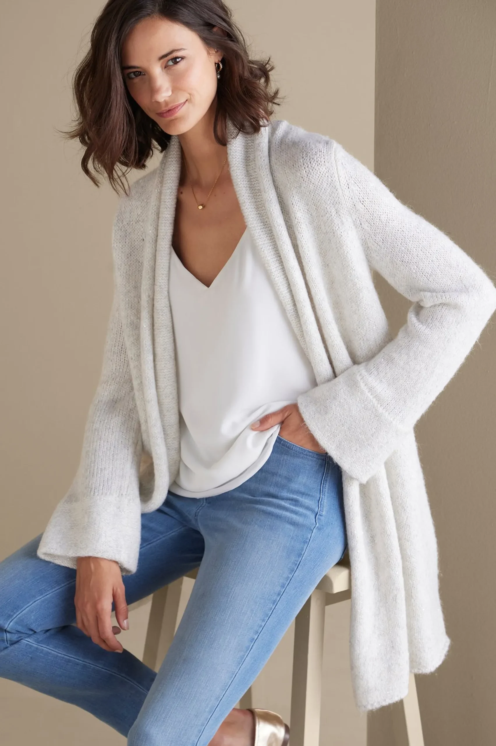 Everyday Styles|Sweaters & Cardigans-Soft Surroundings Neva Sequin Cardigan Ivory