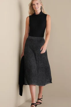 Skirts-Soft Surroundings Nisha Knit Pleated Skirt Black/Silver
