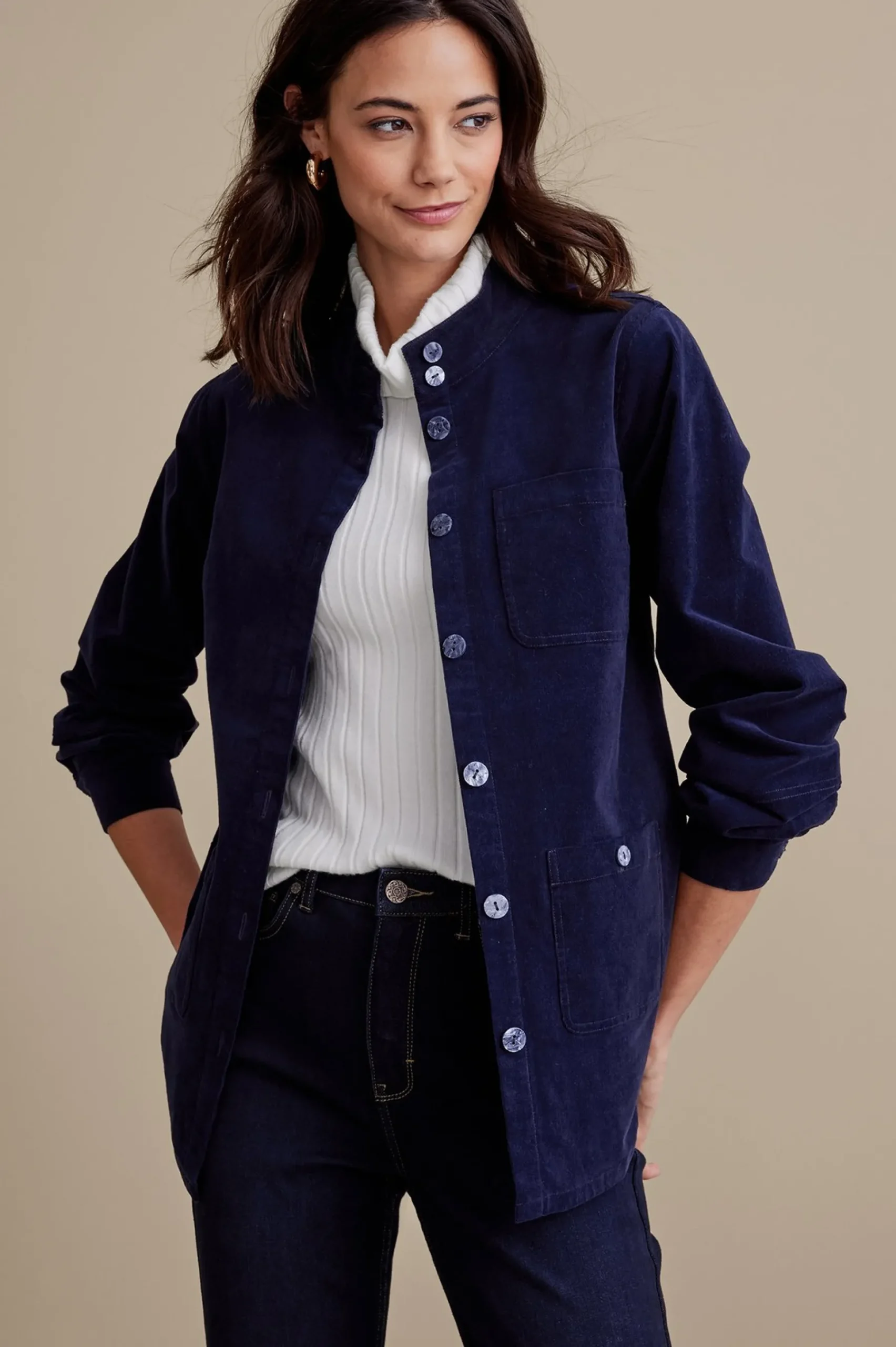 long sleeve|shirts-Soft Surroundings Petites Cora Corduroy Shirt Navy