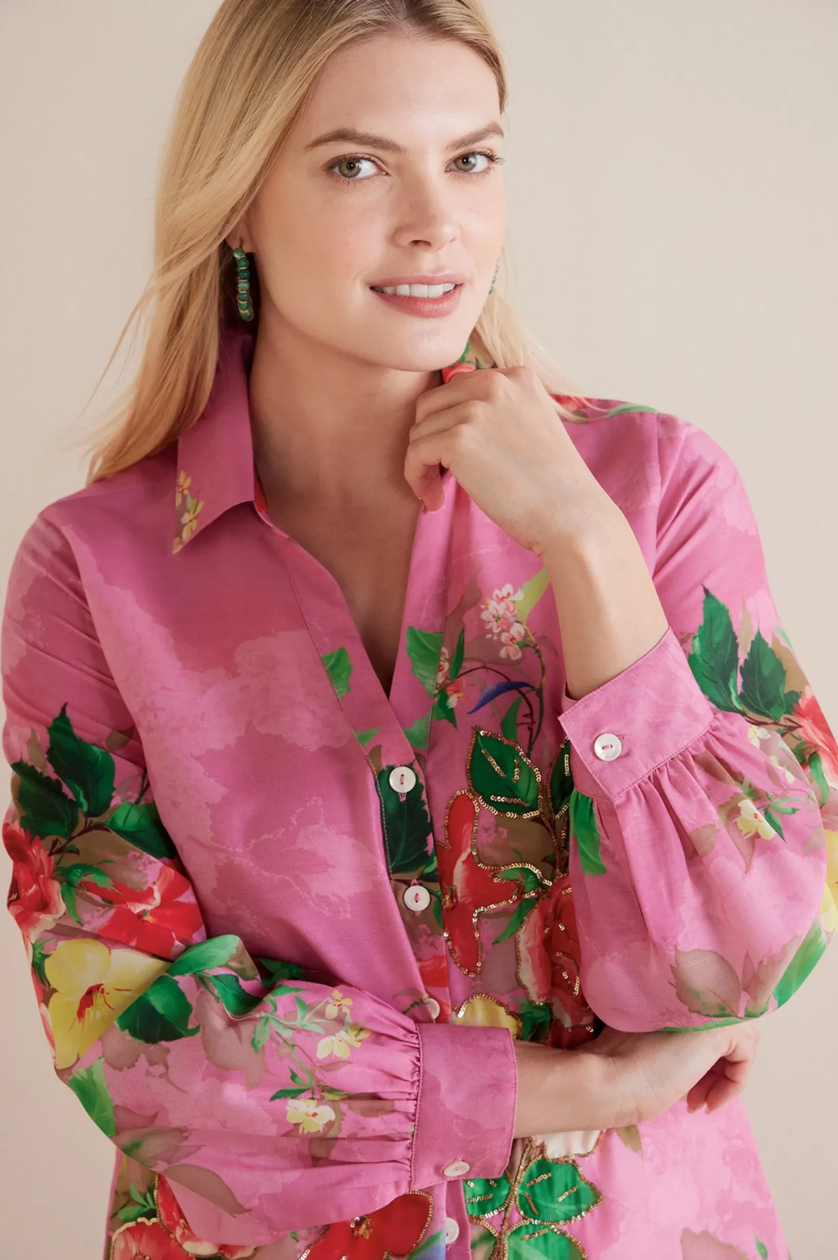The Floral Shop-Soft Surroundings Petites Danica Embellished Shirt Red/Pink Floral