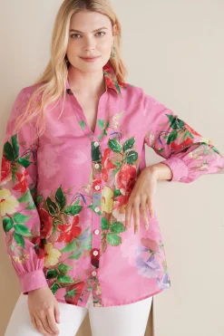 The Floral Shop-Soft Surroundings Petites Danica Embellished Shirt Red/Pink Floral