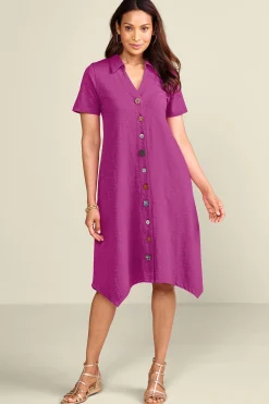 Everyday Styles|Dresses-Soft Surroundings Petites Danielle Button Dress Sunset Coral