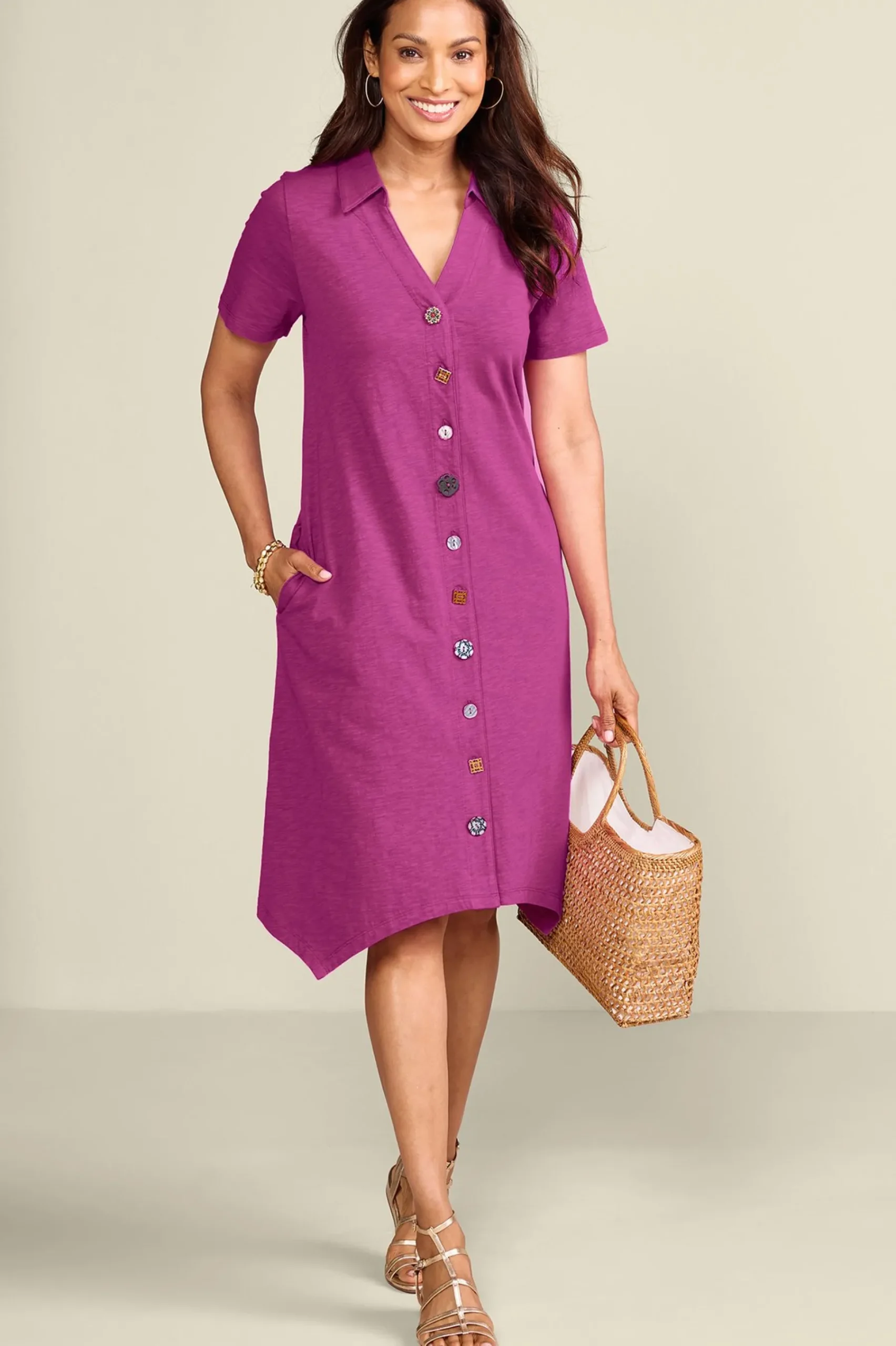 Everyday Styles|Dresses-Soft Surroundings Petites Danielle Button Dress Sunset Coral