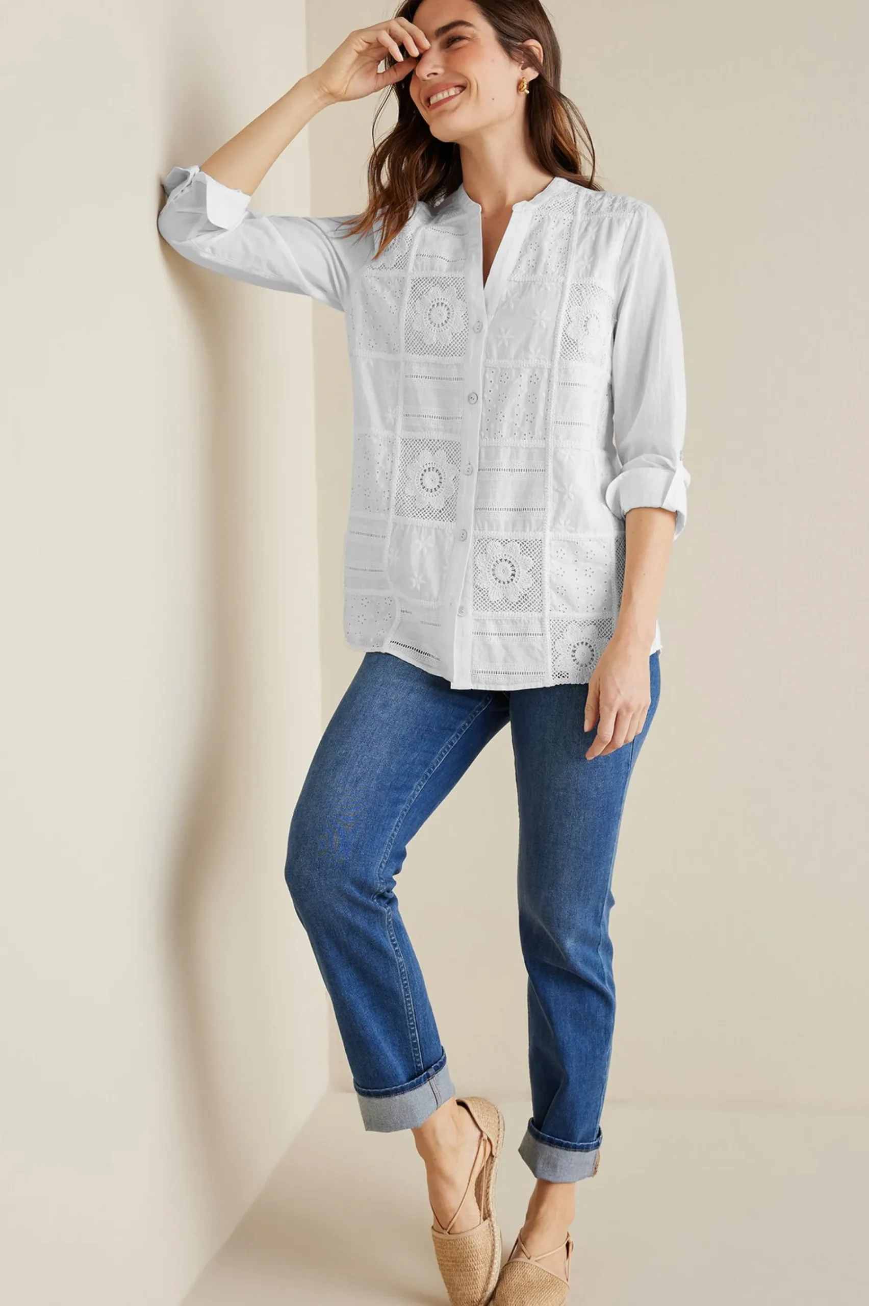 Feminine Flourish|Global Artistry-Soft Surroundings Petites Eleanor Crochet Shirt White