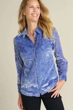 Feminine Flourish|Into The Blues-Soft Surroundings Petites Floreat Velvet Shirt Sapphire