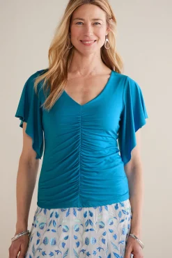 Feminine Flourish|Into The Blues-Soft Surroundings Petites Leya Ruched Top Swedish Blue