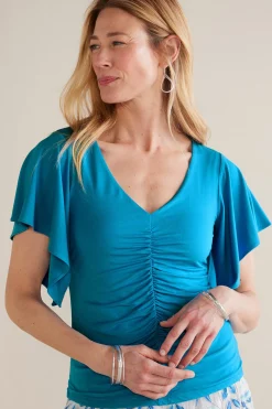 Feminine Flourish|Into The Blues-Soft Surroundings Petites Leya Ruched Top Swedish Blue