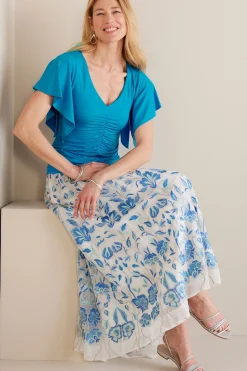 Feminine Flourish|Into The Blues-Soft Surroundings Petites Leya Ruched Top Swedish Blue
