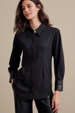 long sleeve|shirts-Soft Surroundings Petites Mattea Faux Leather Cuff Tunic Black