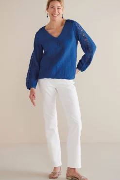 Feminine Flourish|Into The Blues-Soft Surroundings Petites Melinda Gauze & Crochet Top Sapphire
