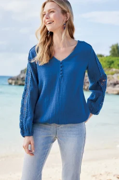 Feminine Flourish|Into The Blues-Soft Surroundings Petites Melinda Gauze & Crochet Top Sapphire