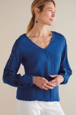 Feminine Flourish|Into The Blues-Soft Surroundings Petites Melinda Gauze & Crochet Top Sapphire