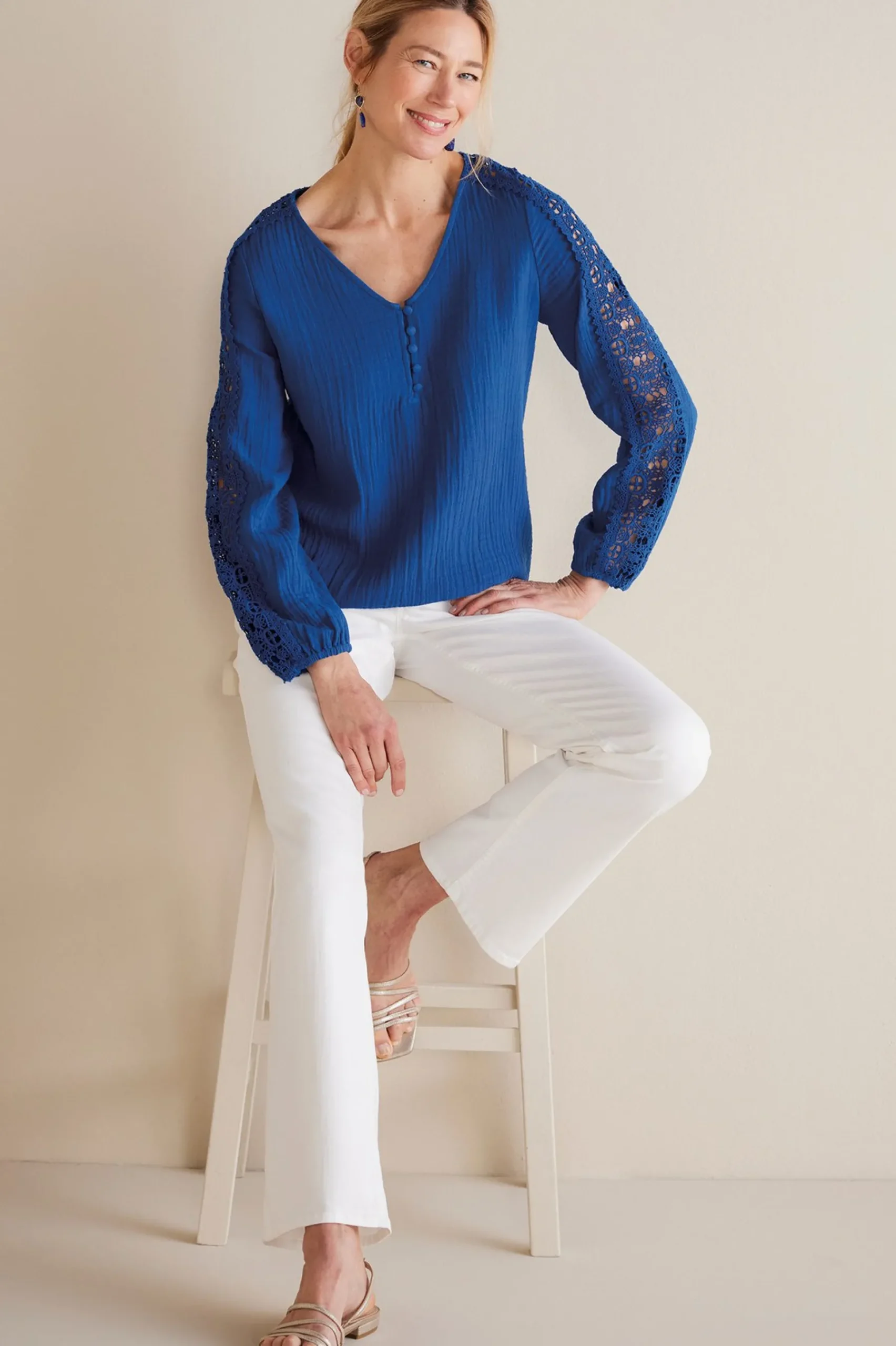 Feminine Flourish|Into The Blues-Soft Surroundings Petites Melinda Gauze & Crochet Top Sapphire