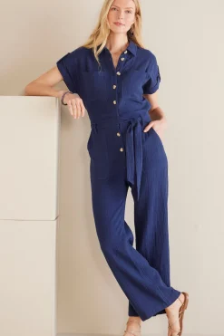 Into The Blues|Gauze Shop-Soft Surroundings Petites Natasha Gauze Jumpsuit Navy