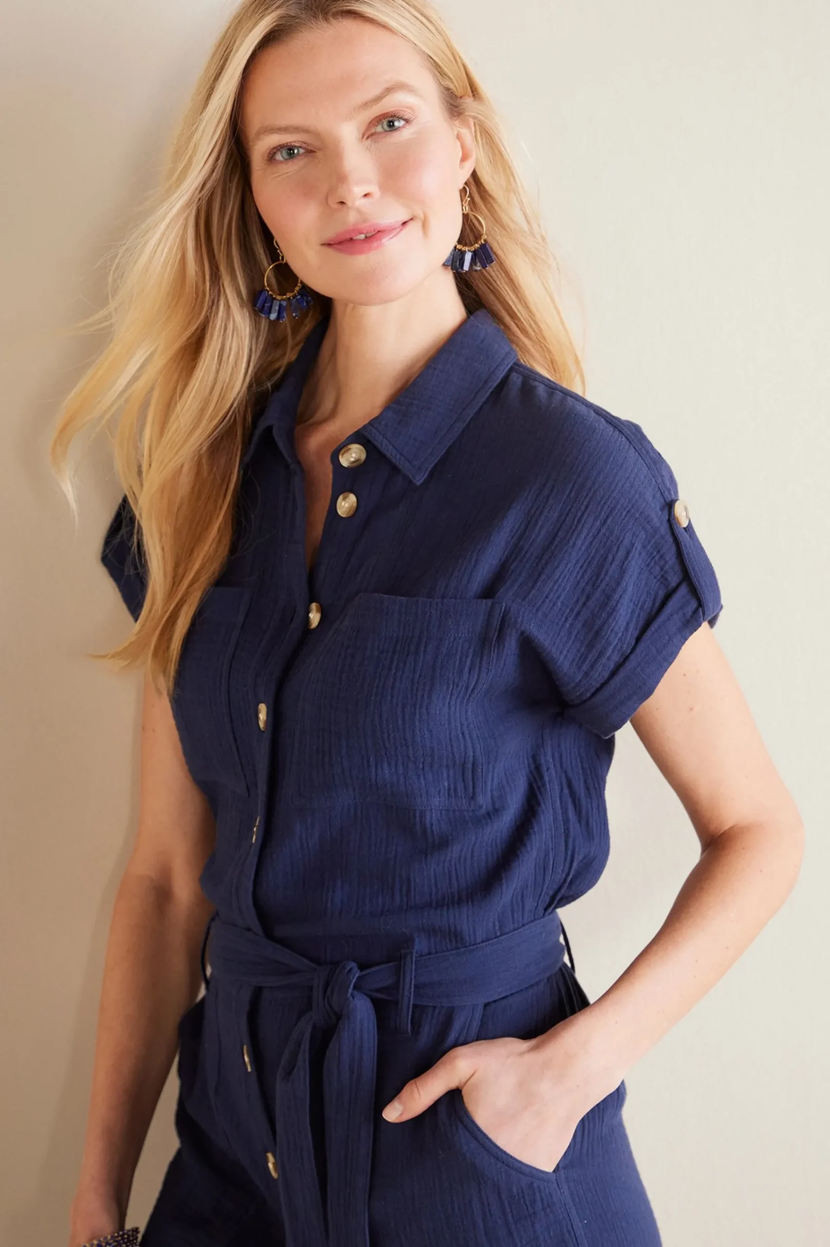 Into The Blues|Gauze Shop-Soft Surroundings Petites Natasha Gauze Jumpsuit Navy