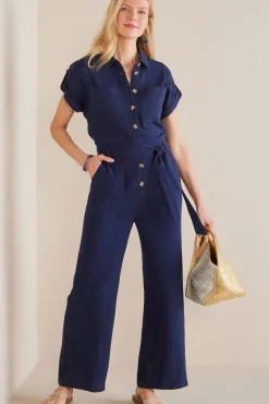 Into The Blues|Gauze Shop-Soft Surroundings Petites Natasha Gauze Jumpsuit Navy