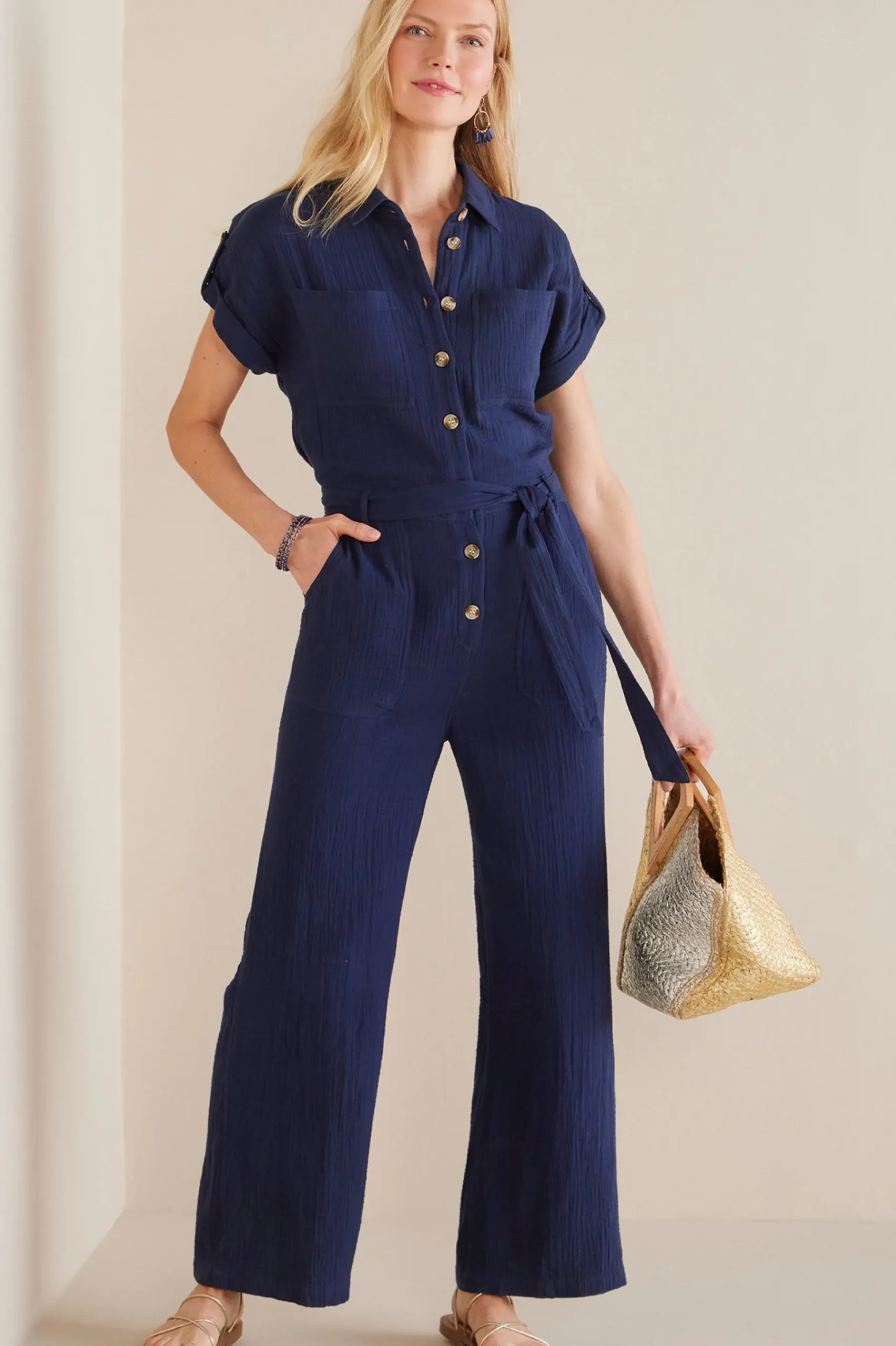 Into The Blues|Gauze Shop-Soft Surroundings Petites Natasha Gauze Jumpsuit Navy