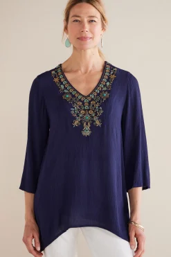 Feminine Flourish|Into The Blues-Soft Surroundings Petites Paulina Gauze Pullover Navy
