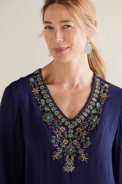 Feminine Flourish|Into The Blues-Soft Surroundings Petites Paulina Gauze Pullover Navy