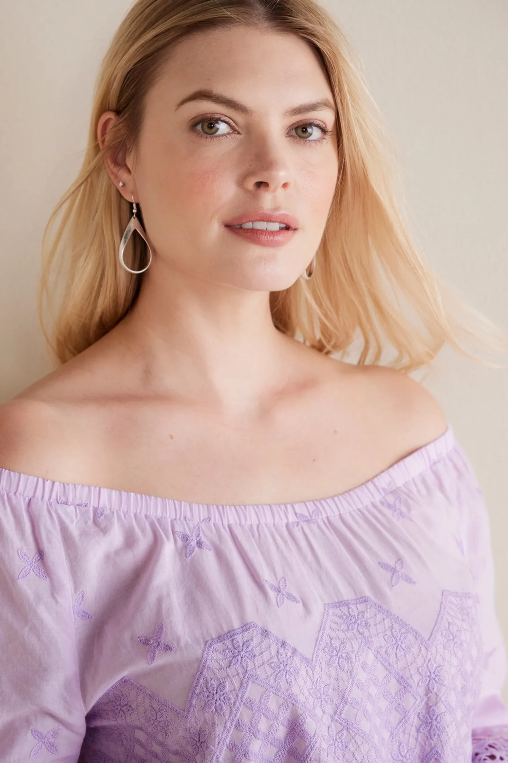 Feminine Flourish|Global Artistry-Soft Surroundings Petites Pilar Off the Shoulder Top Orchid Bloom