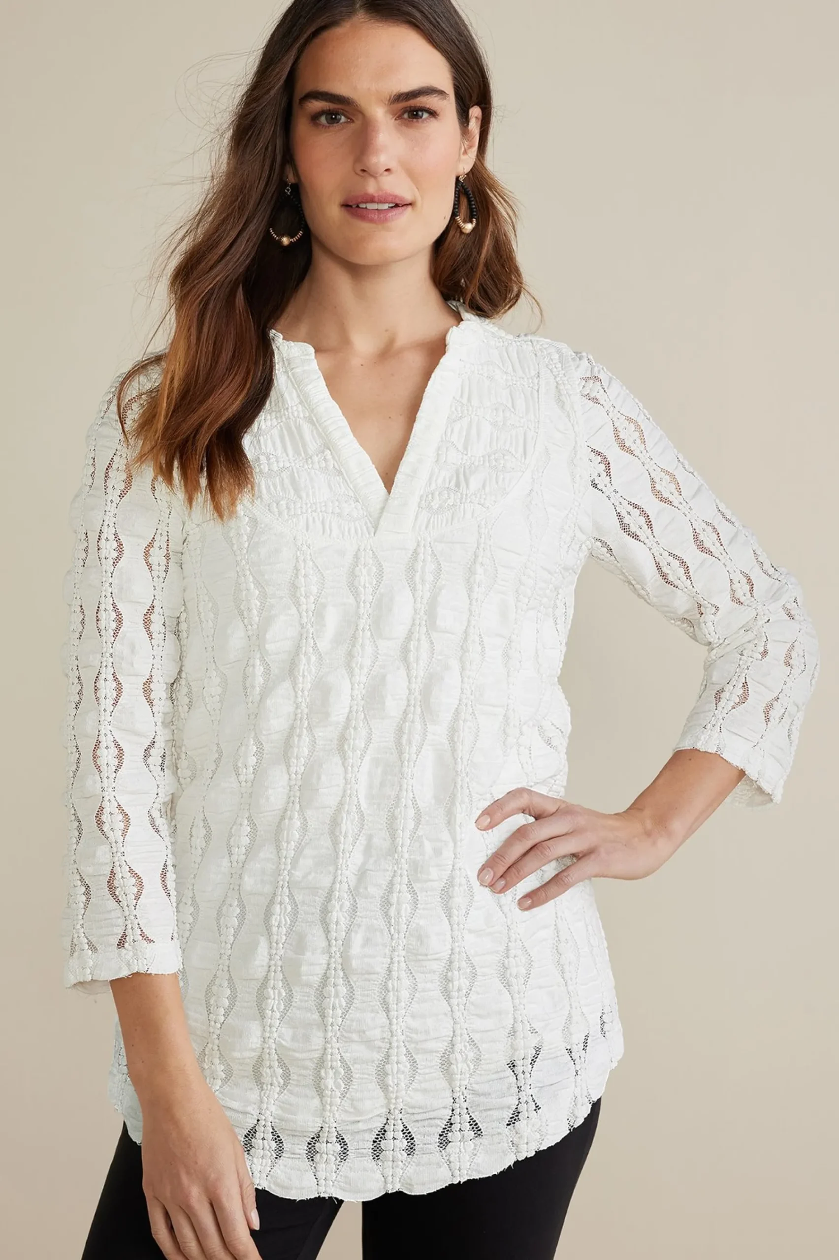 Feminine Flourish|Global Artistry-Soft Surroundings Petites Priya Knit Lace Tunic White