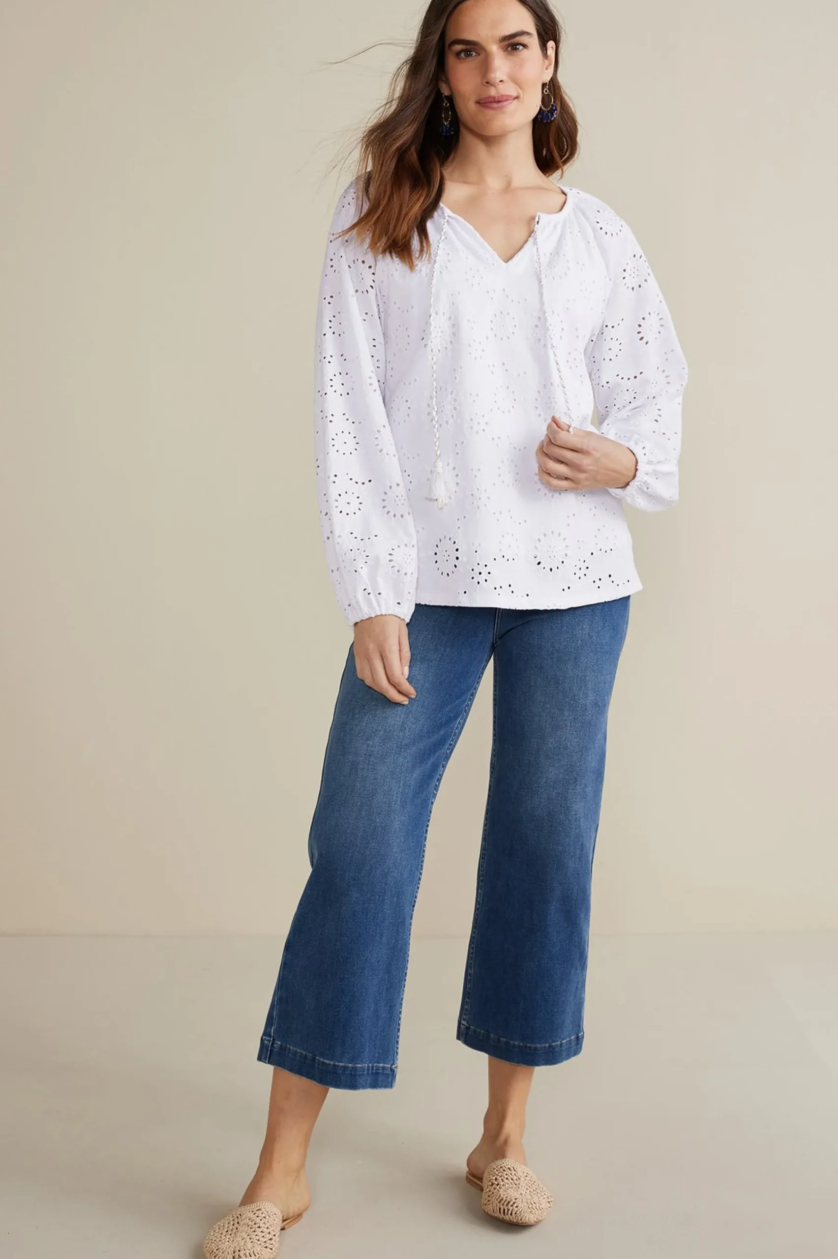 Feminine Flourish|Global Artistry-Soft Surroundings Petites Rhiannon Eyelet Peasant Top White