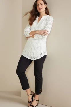three quarter length|pullovers-Soft Surroundings Priya Knit Lace Tunic White