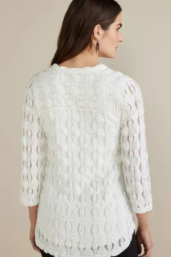 three quarter length|pullovers-Soft Surroundings Priya Knit Lace Tunic White