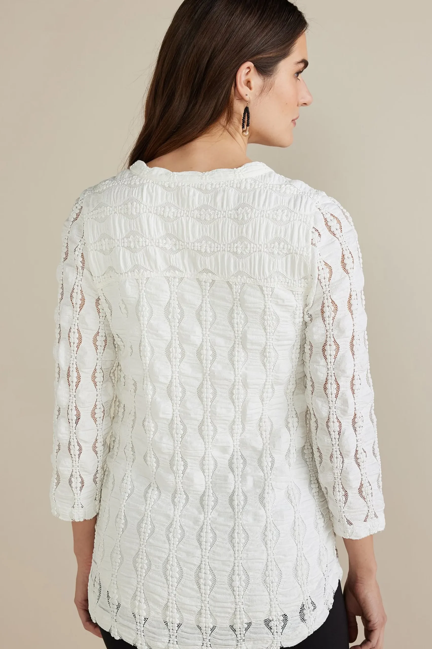 three quarter length|pullovers-Soft Surroundings Priya Knit Lace Tunic White