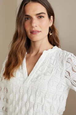 three quarter length|pullovers-Soft Surroundings Priya Knit Lace Tunic White