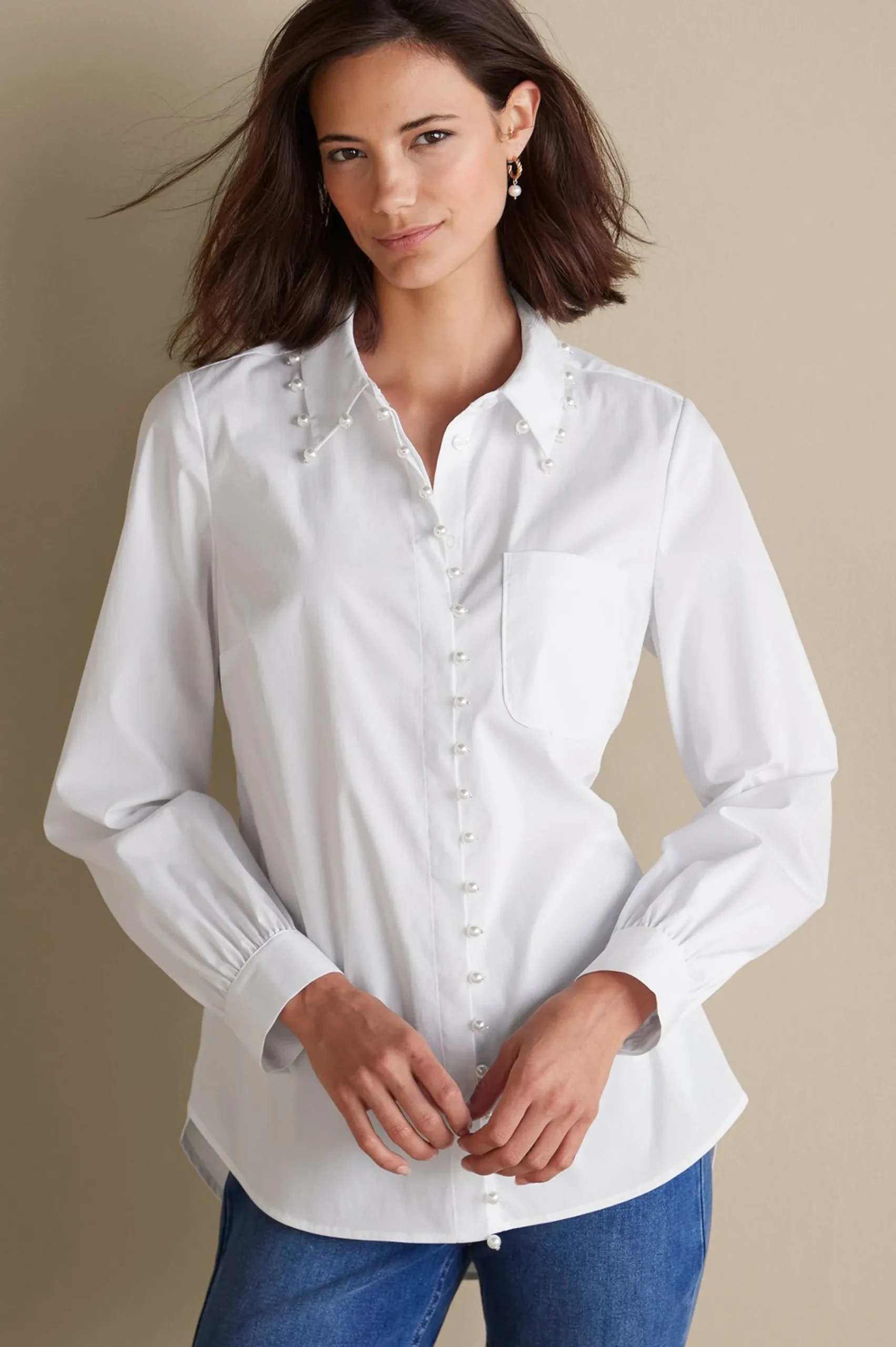 Everyday Styles|long sleeve-Soft Surroundings Rania Pearl Shirt White