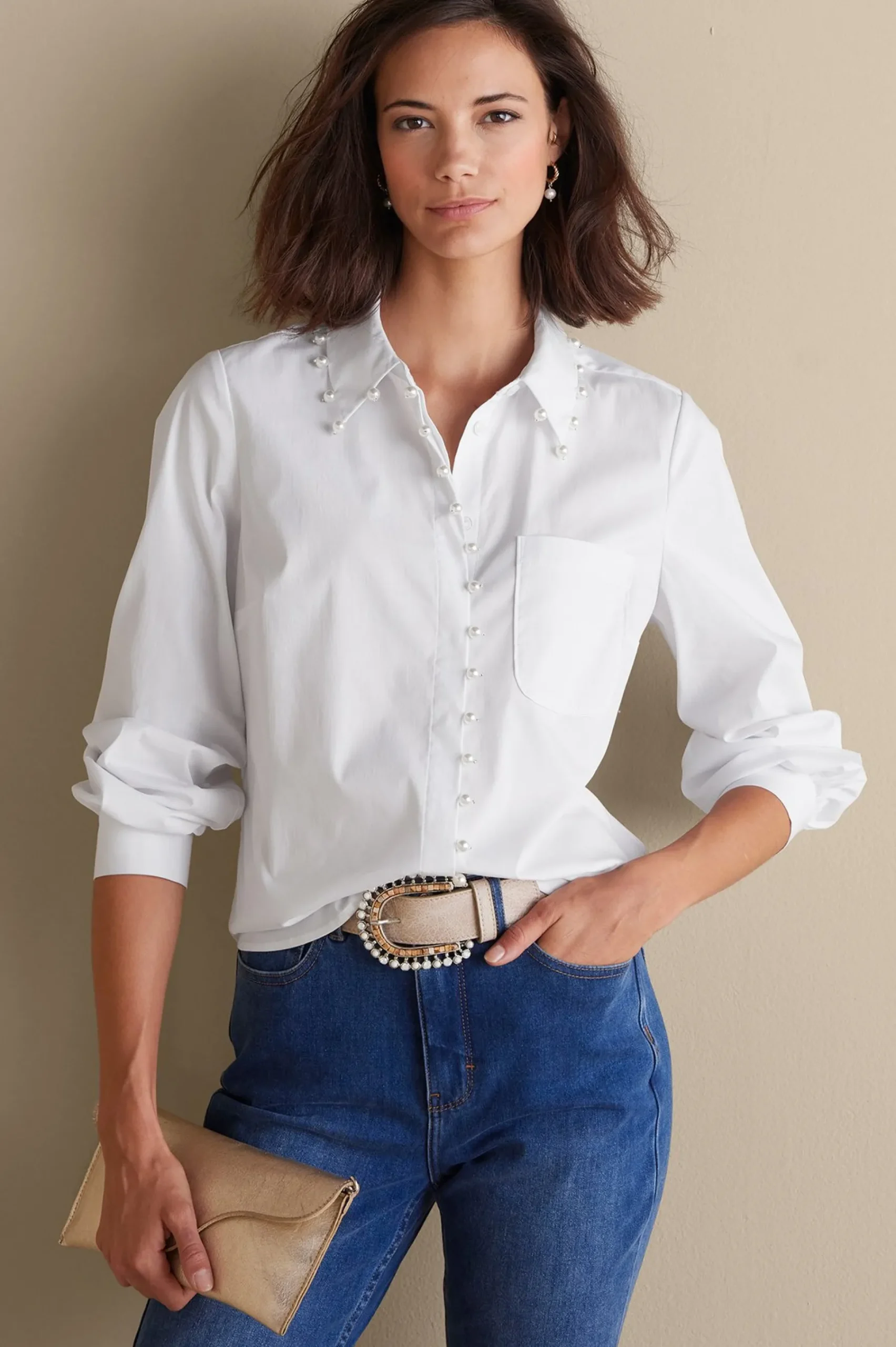 Everyday Styles|long sleeve-Soft Surroundings Rania Pearl Shirt White