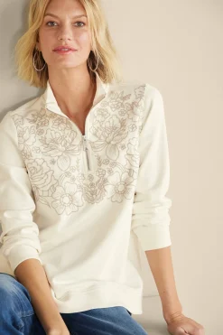 Feminine Flourish|Wear Now Styles-Soft Surroundings Rochelle Embroidered French Terry Pullover Ivory Pearl