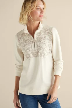 Feminine Flourish|Wear Now Styles-Soft Surroundings Rochelle Embroidered French Terry Pullover Ivory Pearl