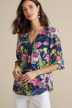 Feminine Flourish|Vacation Shop-Soft Surroundings Samantha Georgette Top Navy Paisley