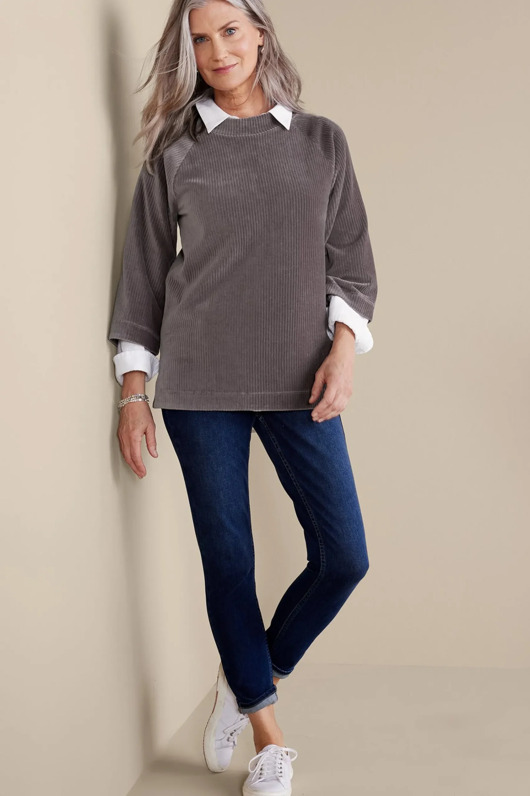 Everyday Styles|three quarter length-Soft Surroundings Samina Corduroy Pullover Shoreline Grey