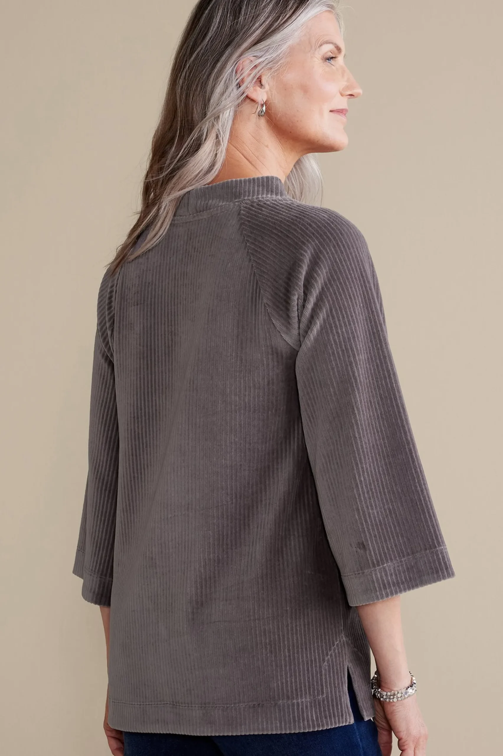 Everyday Styles|three quarter length-Soft Surroundings Samina Corduroy Pullover Shoreline Grey