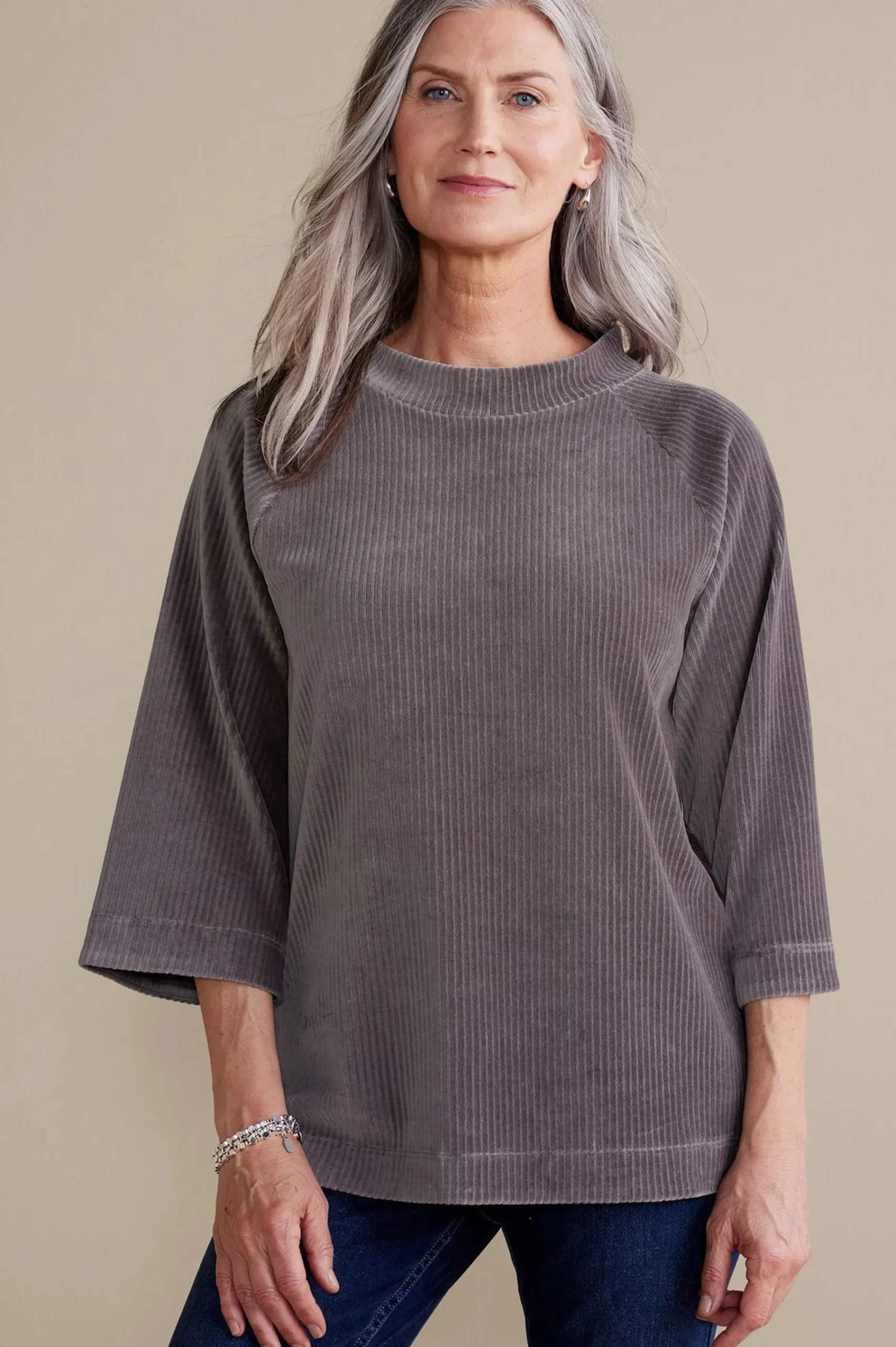 Everyday Styles|three quarter length-Soft Surroundings Samina Corduroy Pullover Shoreline Grey
