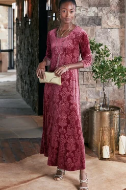 Feminine Flourish|EVelvet Styles-Soft Surroundings Santiago Embossed Velvet Dress Cabernet Tapestry