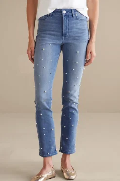 Wear Now Styles|leggings-Soft Surroundings Ultimate Denim Pearl Straight Leg Jeans Icy Blue Wash