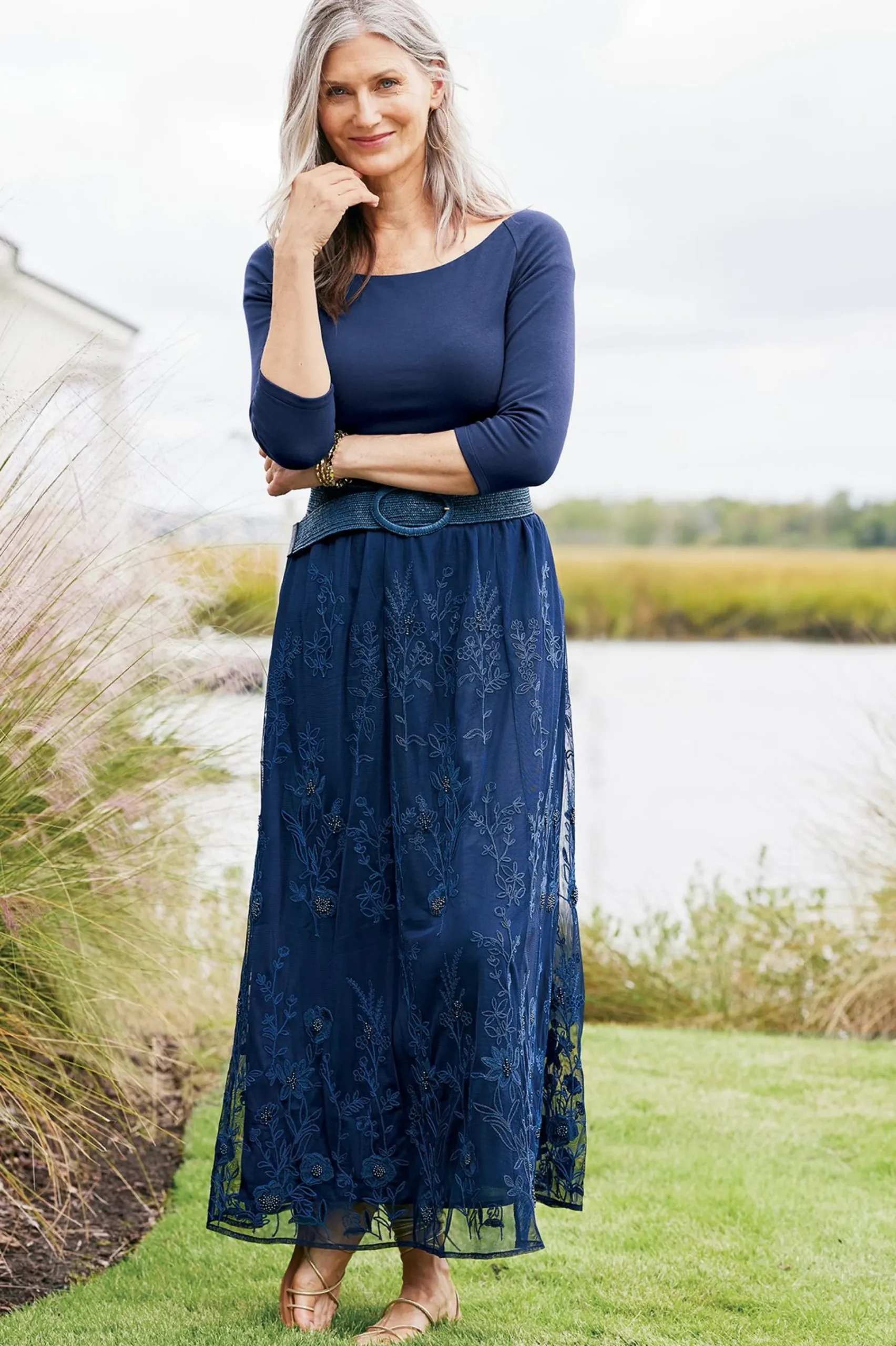 Feminine Flourish|Into The Blues-Soft Surroundings Zuri Embroidered Mesh Skirt Navy